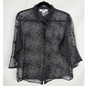 Poetic 100% Silk Sheer Black Floral Embroidered Blouse XL Romantic Goth 90s